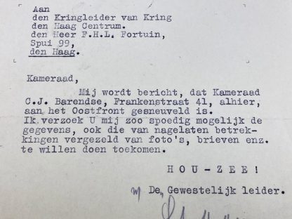 Original WWII Dutch NSB letter regarding the death of a Dutch Waffen-SS volunteer