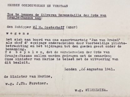 Original WWII Dutch Wilhelmina document ' nomination for Orde van Oranje-Naussau' London 1941 - Engelandvaarder