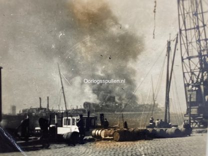 Original WWII Dutch photo - SS Statendam ship in flames in the harbor of Rotterdam
