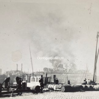 Original WWII Dutch photo - SS Statendam ship in flames in the harbor of Rotterdam