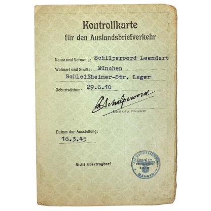 Original WWII German Kontrollkarte of a Dutchman in München