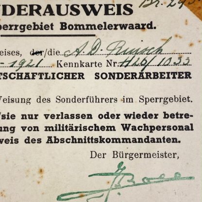 Original WWII German Ausweis Sperrgebiet Bommelerwaard