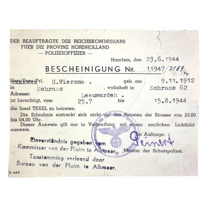 Original WWII German Bescheinigung Texel