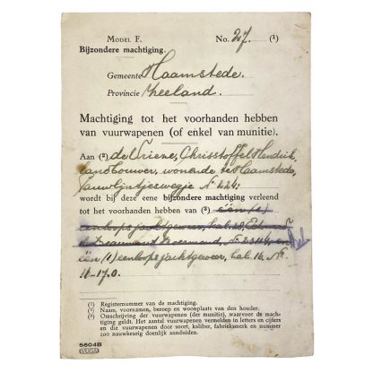Original Pre 1940 Dutch weapons license Haamstede