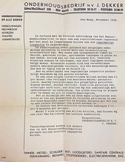 Original WWII Dutch letter related to the evacuation at the Benoordenhoutkwartier in Den Haag 1943