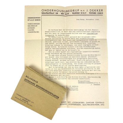Original WWII Dutch letter related to the evacuation at the Benoordenhoutkwartier in Den Haag 1943