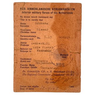 Original WWII Nederlandse Binnenlandse Strijdkrachten ID card Trynwâlden (Trijnwouden)