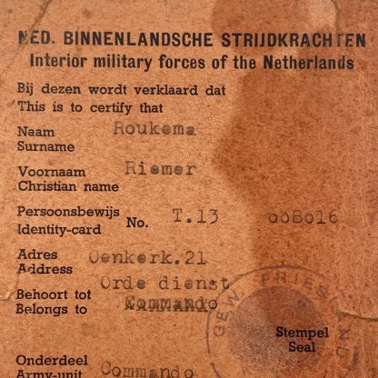 Original WWII Nederlandse Binnenlandse Strijdkrachten ID card Trynwâlden (Trijnwouden)