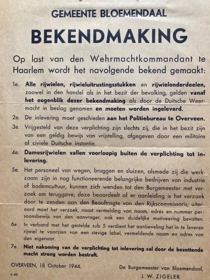 Original WWII Dutch poster Bloemendaal 1944