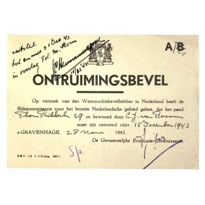 Original WWII Dutch evacuation order document Den Haag 1943