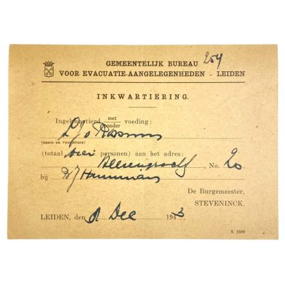 Original WWII Dutch cantonment document Leiden 1943