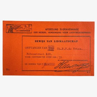 Original WWII Dutch Luchtbescherming proof of membership card Den Haag