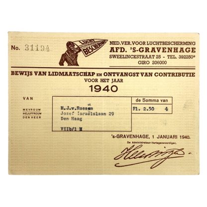 Original WWII Dutch Luchtbescherming proof of membership card Den Haag