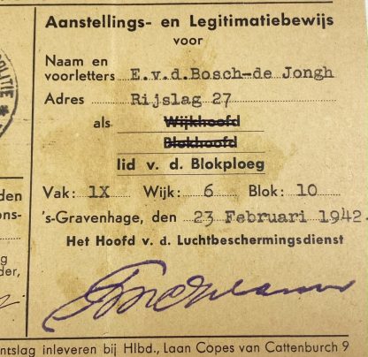 Original WWII Dutch 'Luchtbeschermingsdienst' ID card Den Haag