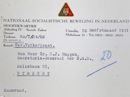 Original WWII Dutch NSB letter with autograph W.O.A. Koster