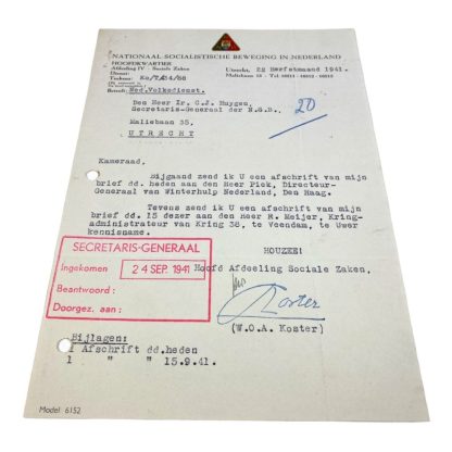 Original WWII Dutch NSB letter with autograph W.O.A. Koster