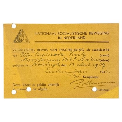 Original WWII Dutch NSB Provisional proof of registration card Leiden 1942