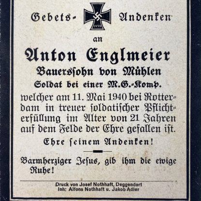 Original WWII German death card - May 10, 1940 Rotterdam (6./IR.72)