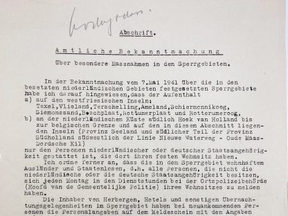 Original WWII German document SS-Obergruppenführer Rauter about the Sperrgebieten in the Netherlands
