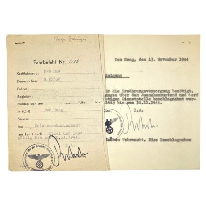 Original WWII German driving order and bescheinigung Den Haag