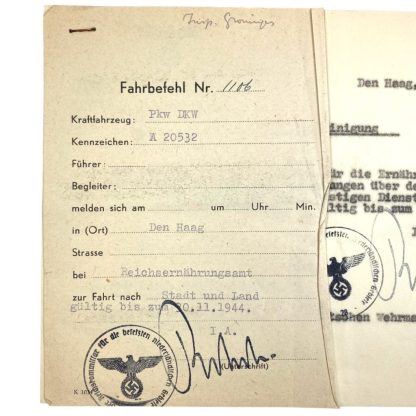 Original WWII German driving order and bescheinigung Den Haag