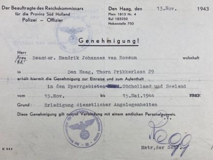 Original WWII German 'Genehmigung' document for Zuid-Holland and Zeeland