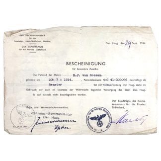 Original WWII German Bescheinigung Den Haag