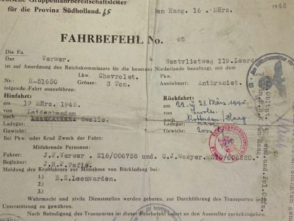 Original WWII German driving order (Fahrbefehl) Leidschendam, Zwolle, Rotterdam and Den Haag