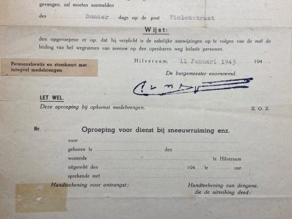 Original WWII Dutch call document snow removal in Hilversum
