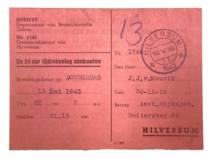 Original WWII Dutch 'Nachtausweis' guard duty in Hilversum