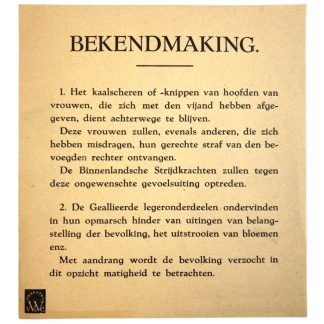 Original WWII Dutch announcement poster about shaving the heads of the collaborating woman