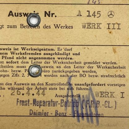 Original WWII German 'Mercedes Benz' factory Ausweis from a Belgian citizen