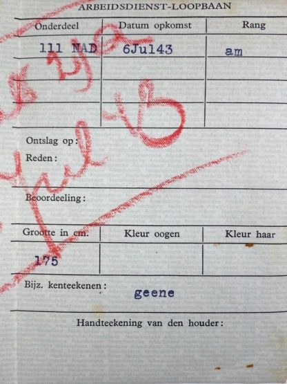 Original WWII Nederlandsche Arbeidsdienst dismissal card Berkhout