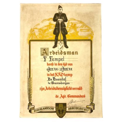 Original WWII Nederlandsche Arbeidsdienst citation and dismissal card Groningen
