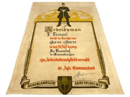 Original WWII Nederlandsche Arbeidsdienst citation and dismissal card Groningen
