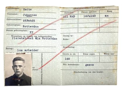 Original WWII Nederlandsche Arbeidsdienst dismissal card Rotterdam