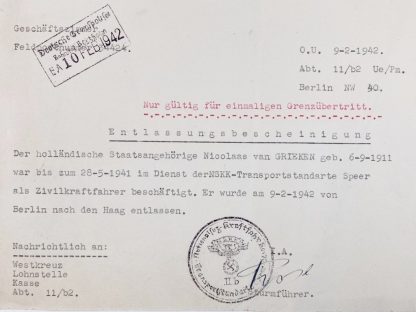 Original WWII Dutch NSKK 'Entlassungsbescheinigung'