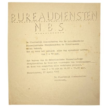 Original WWII Nederlandsche Binnenlandse Strijdkrachten document Nieuwleusen