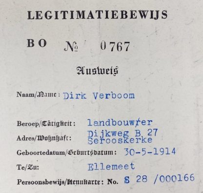 Original WWII Dutch RB.V.V.O. ausweis - Serooskerke (Zeeland)