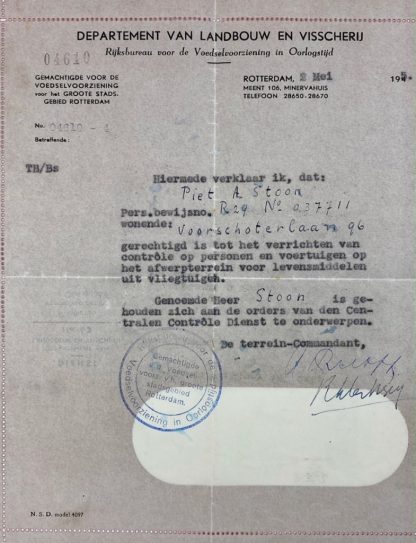 Original WWII Dutch food dropping document Rotterdam