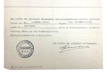 Original WWII Dutch/German document regarding the food supply in Groningen