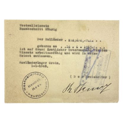 Original WWII German Ausländerlager Groin ausweis belonging to a Dutchman