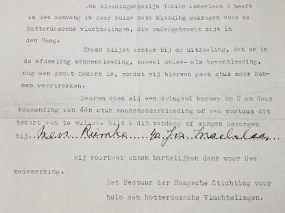 Original WWII Dutch document regarding clothing for Rotterdammers who fled the bombardment