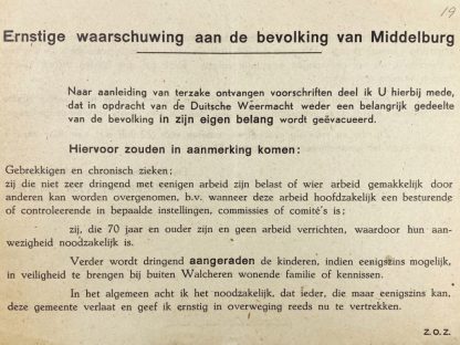 Original WWII Dutch leaflet for the evacuation of Middelburg (Zeeland)