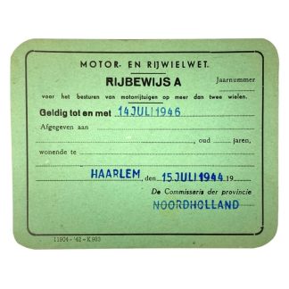 Original WWII Dutch motorcycle drivers license 1944 Haarlem