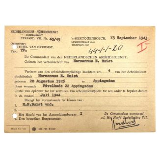 Original WWII Nederlandsche Arbeidsdienst deferred attendance document Appingedam