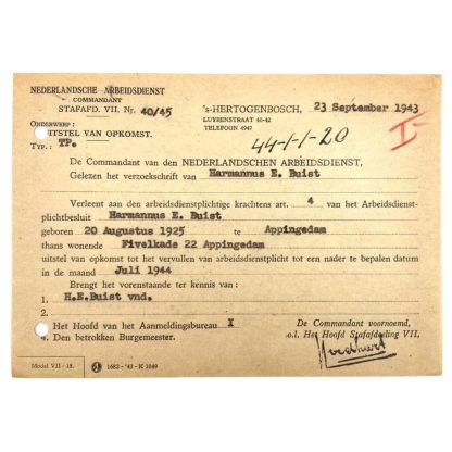 Original WWII Nederlandsche Arbeidsdienst deferred attendance document Appingedam