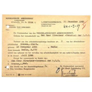 Original WWII Nederlandsche Arbeidsdienst deferred attendance document Baflo