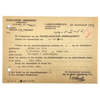 Original WWII Nederlandsche Arbeidsdienst deferred attendance document Sappemeer