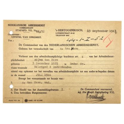 Original WWII Nederlandsche Arbeidsdienst deferred attendance document Sappemeer